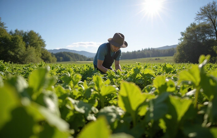 A farmer harvesting organic herbs in a lush, green field under a clear sky, depicting sustainable sourcing.