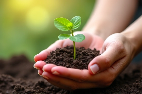 A hand holding a freshly sprouted plant, symbolizing growth, natural ingredients, and care in product development.