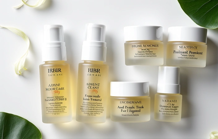 A diverse assortment of skincare products containing antioxidants, arranged aesthetically.