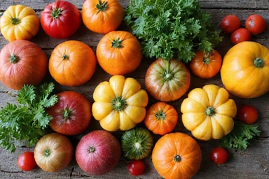 Various fresh fruits and vegetables on a wooden table, symbolizing nutrition.