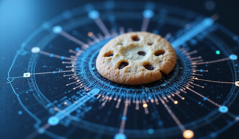 Illustration of a digital cookie with data flowing around it, representing data privacy