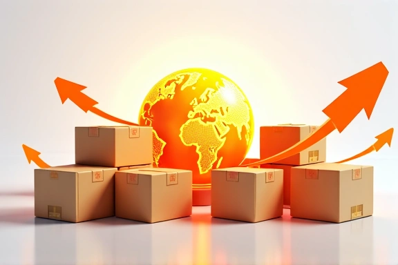 Shipping boxes with arrows and a globe, representing global delivery.