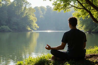 Man meditating peacefully in a serene natural environment, representing overall well-being and mental clarity.