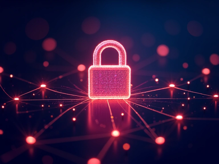 A secure digital lock icon representing data privacy and protection, with glowing lines connecting to abstract data points.